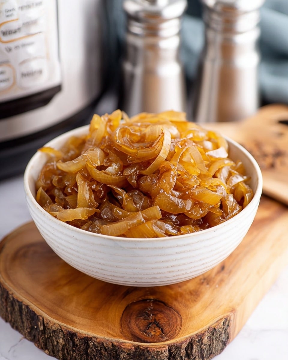 A white bowl filled to the top with caramelized onions that have a glossy, golden-brown color and soft texture. The onions look tender and slightly translucent with a mix of light and dark amber tones. The bowl is placed on a natural wooden board with visible grain and knots. In the background, there are silver metal shakers and a blurred crockpot with a stainless steel finish. The whole scene sits on a white marbled surface, creating a clean and bright look. Photo taken with an iphone --ar 4:5 --v 7
