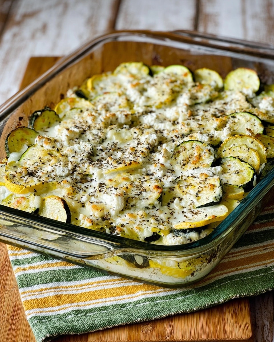 A clear glass baking dish holds a baked vegetable casserole with two visible layers. The bottom layer consists of thin round slices of green zucchini and light yellow squash, overlapping and spread evenly. The top layer is a creamy white sauce mixed with crumbled white cheese, browned slightly in spots for a golden effect, sprinkled with black pepper. The casserole sits on a striped cloth with green, yellow, and white stripes, placed on a stack of wood cutting boards on a wooden surface. The background is replaced with a white marbled texture. Photo taken with an iphone --ar 4:5 --v 7