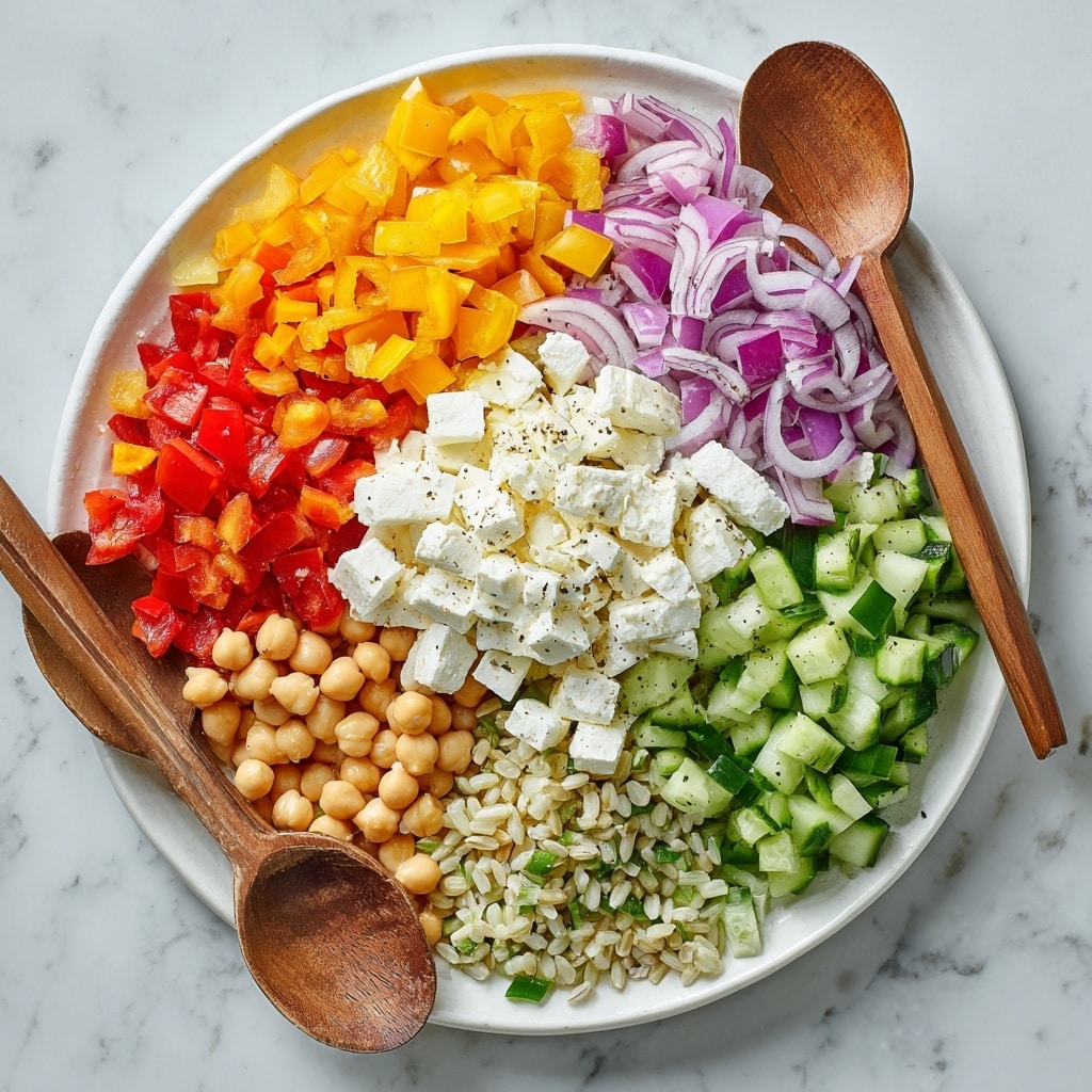 A large white bowl filled with a colorful salad held by two hands on each side, resting on a white marbled surface. The salad layers from the bottom up start with green leafy lettuce and purple radicchio, topped with diced yellow and orange bell peppers, sliced red onions, chopped cucumbers, and chickpeas. There are small chunks of white cheese sprinkled with herbs in the center, and some grains mixed in on the edge. A silver fork is placed inside the bowl on the right side. Photo taken with an iphone --ar 4:5 --v 7
