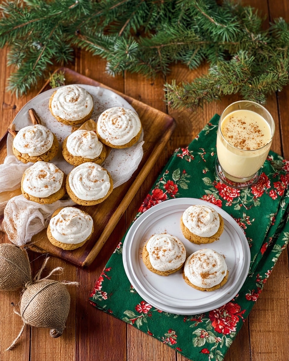 The image shows a stack of three soft, light golden cookies with thick white frosting spread between each layer and on top. The top cookie has a bite taken out of it, revealing a soft, crumbly inside. A light sprinkling of brown spice is dusted gently over the frosting on the top cookie. In the background, there is a clear glass filled with a creamy, light yellow drink and a few more frosted cookies on white plates. All the items are placed on a green cloth decorated with white, red, and orange floral patterns, set against a white marbled surface. photo taken with an iphone --ar 4:5 --v 7