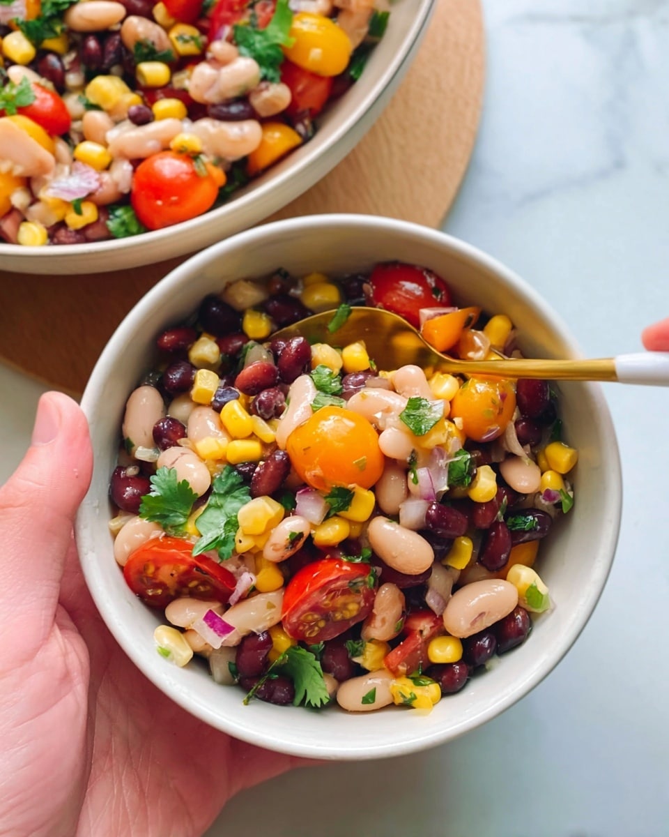 A close-up view of a bowl filled with a colorful bean salad. The bowl is white, with a slightly rough texture on the outside. Inside, the salad has many small layers of ingredients: white beans, black beans, orange and yellow cherry tomatoes cut in halves, corn kernels, and tiny pieces of red onion. Fresh green chopped herbs are scattered throughout, adding a bright touch. Two wooden spoons rest inside the bowl, one on each side, mixing the salad. The whole scene sits on a white marbled surface. photo taken with an iphone --ar 4:5 --v 7