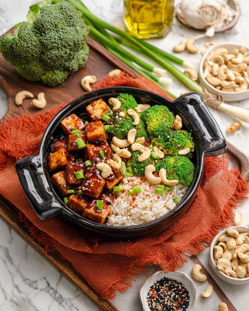 A black bowl with handles holds a layered dish starting with a base of green broccoli florets topped with glossy brown cubes of tofu covered in sauce. Above the tofu, there are scattered whole light beige cashew nuts and small pieces of green onion. On one side of the bowl, there is a portion of cooked white rice sprinkled with chili flakes. The bowl sits on a wooden board with a piece of orange cloth underneath, surrounded by fresh broccoli, a bottle of oil with chili inside, a white plate with cashews, small white bowls with black sesame seeds, and green onions on a white marbled surface. Photo taken with an iphone --ar 4:5 --v 7