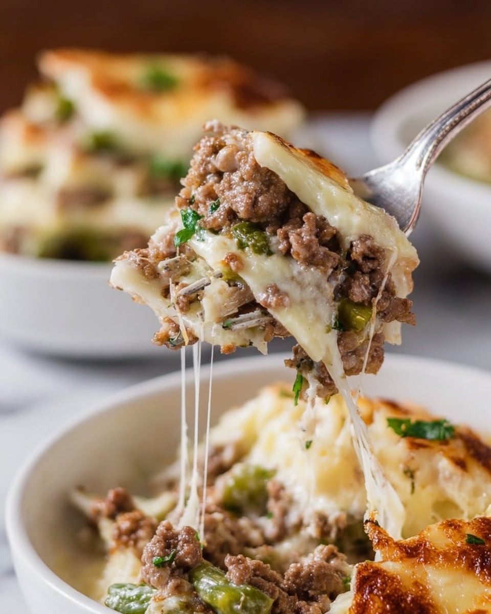 A close-up of a fork lifting a large piece of a layered dish showing three main layers: the bottom layer is a light, creamy white sauce, the middle layer is browned ground meat mixed with small pieces of green vegetables, and the top layer is melted, stretchy white cheese pulling apart from the main dish. The dish is served in a white bowl with parts of the same dish blurred in the background on another white bowl, all placed on a white marbled surface. Photo taken with an iphone --ar 4:5 --v 7