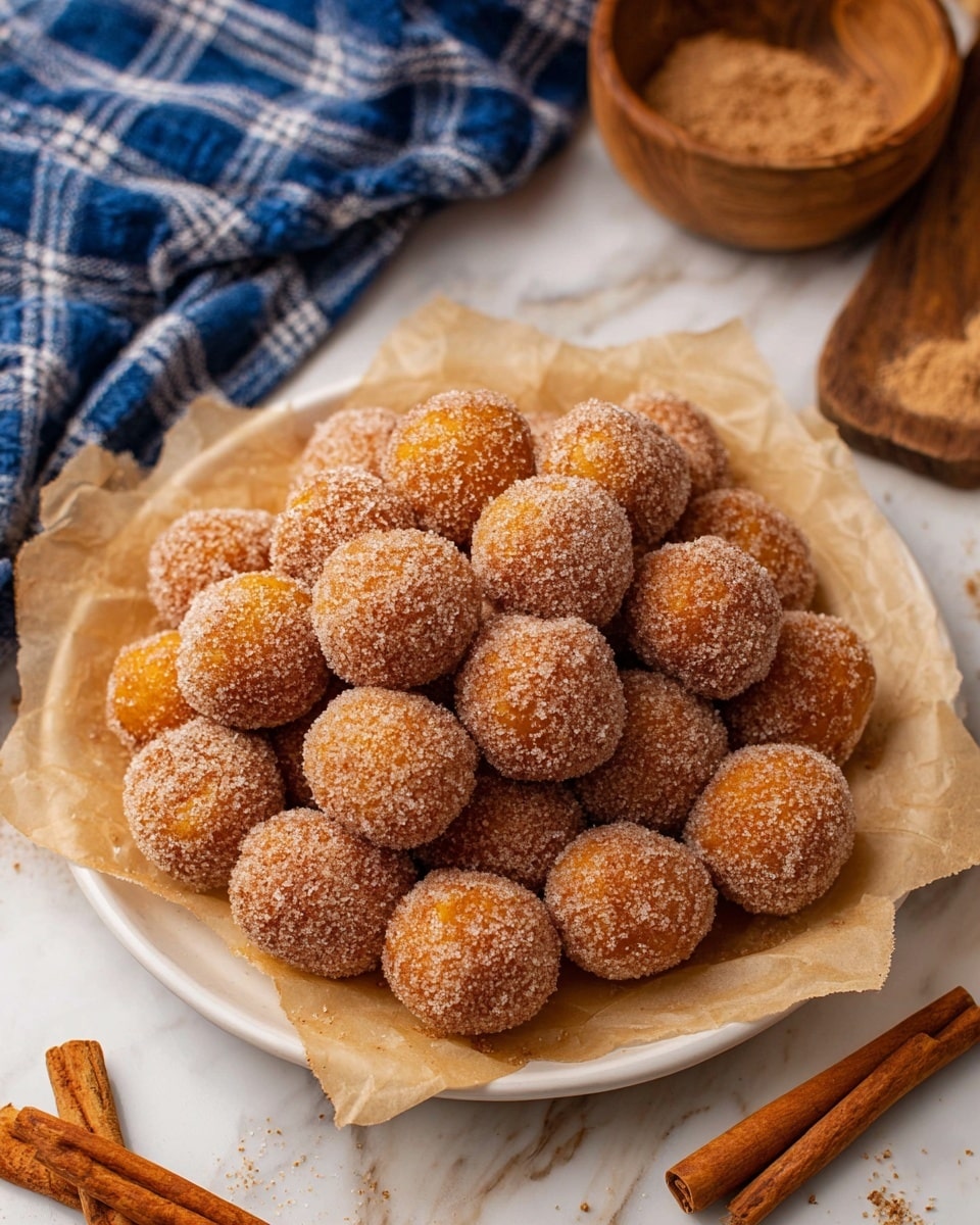A white plate lined with crumpled light brown paper holds a pile of about twenty small round balls covered evenly in a sparkling layer of light brown sugar and cinnamon. Each ball is a warm golden-orange color beneath the sugar, with a slightly rough texture showing through. Around the plate are a few cinnamon sticks and a small bowl with ground cinnamon, all placed on a white marbled surface. A blue and white checkered cloth is slightly visible behind the plate. photo taken with an iphone --ar 4:5 --v 7