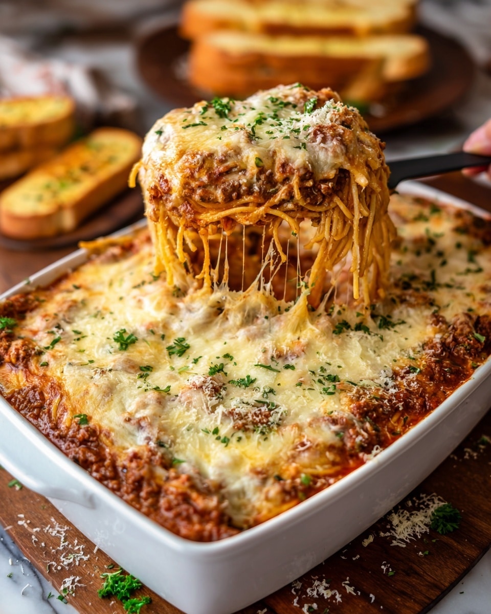 A white rectangular casserole dish filled with a three-layer baked spaghetti casserole, where the bottom layer is a rich tomato and meat sauce with bits of browned ground beef, the middle layer is spaghetti pasta mixed with the sauce, and the top layer is melted golden cheese sprinkled with fresh green parsley. The cheese layer is slightly browned and bubbly with strings of cheese stretching as a large piece is being lifted by a black spatula held by a woman's hand, showing the dense and saucy texture inside. The dish is placed on a wooden table with some grated cheese and parsley scattered around, and two pieces of toasted garlic bread blurred in the background, all set on a white marbled texture. Photo taken with an iphone --ar 4:5 --v 7