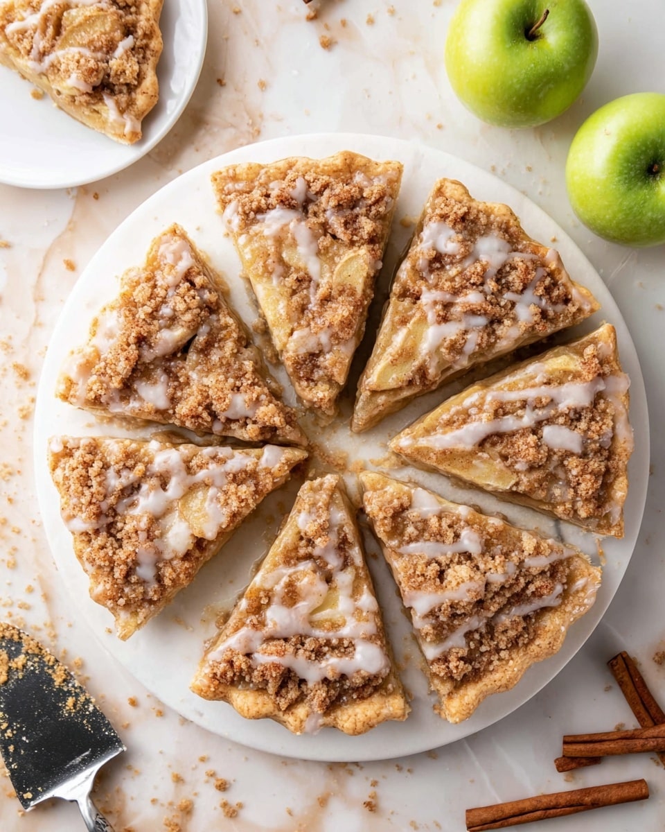 The image shows a close-up of a pie sliced into eight pieces on a white marbled surface. The pie has a light golden crust base, topped with a thick layer of crumbly oatmeal streusel mixed with small chunks of apple. A light glaze is drizzled over the top, creating a shiny, slightly white coating. One slice is being lifted, showing a hearty, moist texture with oats and syrup clearly visible on the surface, while the pie underneath displays more slices and the rough texture of the streusel topping. A green apple and cinnamon sticks are blurred in the background. Photo taken with an iphone --ar 4:5 --v 7