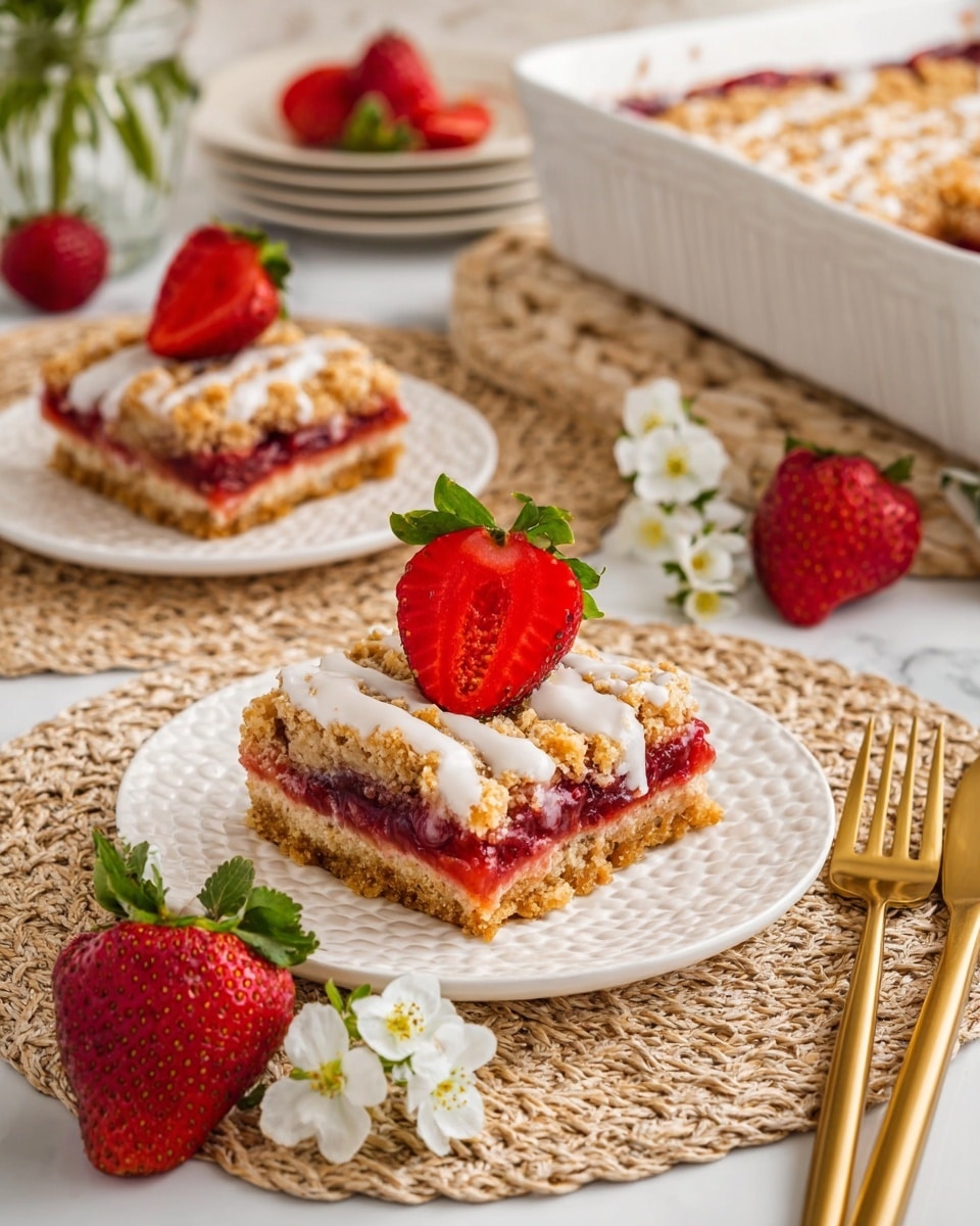 The image shows two square pieces of crumbly strawberry dessert on white textured plates, each with three layers: a golden crumbly top layer drizzled with white icing, a middle red strawberry jam layer, and a light brown bottom crust. One piece is accented with a halved bright red strawberry on top, while fresh whole and halved strawberries along with small white strawberry flowers with green leaves decorate the plates and surrounding area. The scene is set on a beige woven placemat, with two gold forks nearby, and a white baking dish with more dessert in the background. The overall setting is on a white marbled textured surface. photo taken with an iphone --ar 4:5 --v 7