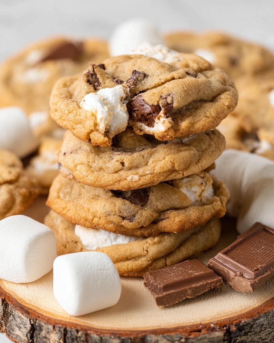A small stack of soft, golden-brown cookies with visible marshmallow pieces melting into gooey white patches, and dark chocolate chunks partially showing on top and inside each cookie. The cookies have a slightly cracked texture with a chewy look, stacked on a light wooden board with bark edges, surrounded by whole marshmallows and a piece of chocolate bar, all sitting on a white marbled surface. Photo taken with an iphone --ar 4:5 --v 7