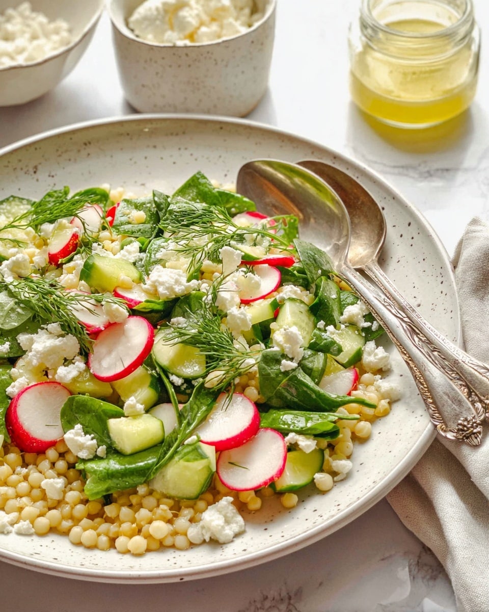 A white speckled plate holds a mixed salad made of three main layers. The bottom layer is small yellow pearl couscous spread evenly. The middle layer is fresh green spinach leaves, diced light green cucumber, and thin pink radish slices mixed throughout. The top layer is small red cherry tomato halves and white crumbled cheese sprinkled lightly all over the salad. The plate sits on a white marbled surface with lemon slices, a white bowl with white cheese and a wooden-handled spoon, and a smaller white speckled plate with a fork nearby. Photo taken with an iphone --ar 4:5 --v 7