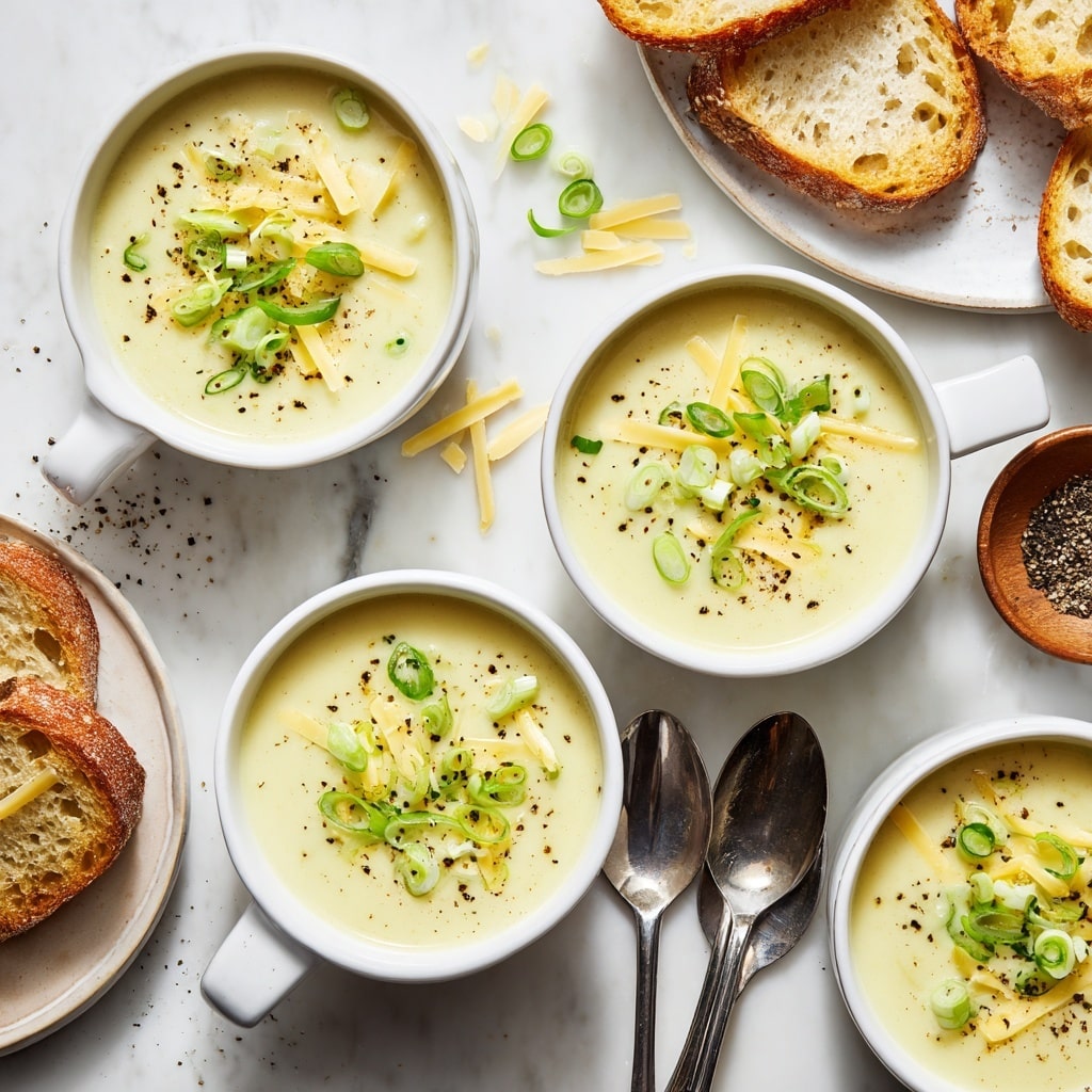 The image shows three white cups filled with a creamy beige soup, each sprinkled with slices of green onions and a little black pepper on top. The soup looks thick and smooth with a bit of melted cheese visible in one cup. A woman's hand is dipping a piece of golden-brown crusty bread into the soup, and the bread is covered with gooey melted cheese stretching from the cup. The cups sit on a white marbled surface with some small green onion slices scattered around. Photo taken with an iphone --ar 4:5 --v 7