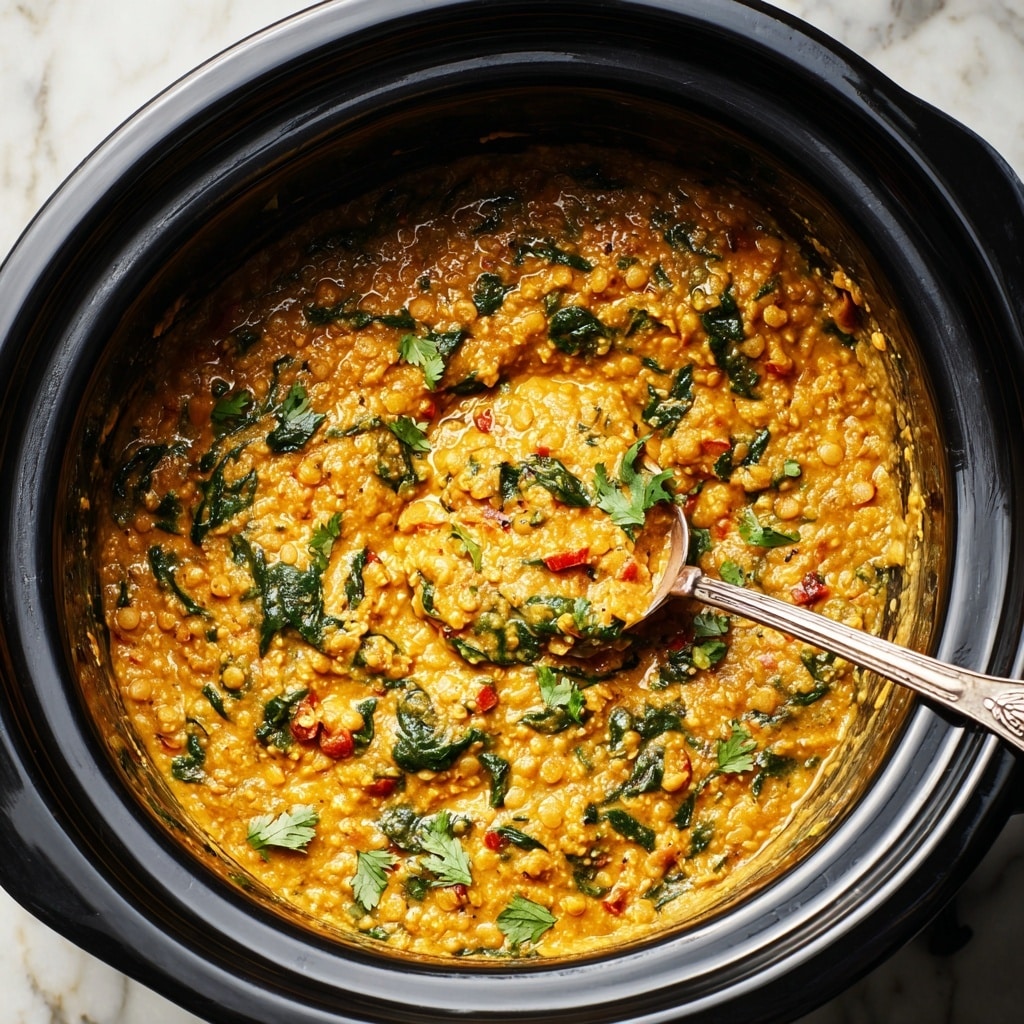 A white plate holds a two-part meal on a white marbled surface with a grey cloth beneath. On the right half of the plate, there is a mound of cooked white rice with visible long grains, fluffy and separated. On the left half, there is a thick orange-yellow lentil curry mixed with green spinach leaves and small pieces of tomato, creating a textured, hearty look. Two silver spoons rest partially submerged in the curry, their surfaces slightly worn. Around the top edge of the plate, torn pieces of flatbread with a light brown charred pattern are arranged. photo taken with an iphone --ar 4:5 --v 7