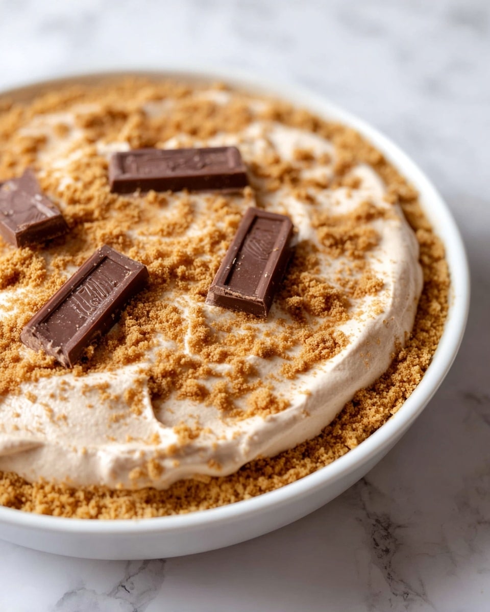A slice of pie is placed on a white plate with a crumbly light brown crust forming the bottom layer; on top of this is a thick white creamy layer followed by a slightly thicker smooth light brown layer. The top is sprinkled with crumbly bits matching the crust and garnished with a rectangular piece of Hershey's chocolate. More pieces of the same chocolate and crumb crumbs are scattered around the plate, with a gold fork placed behind the slice. The background features a white marbled texture with a pie dish partially visible in the back. Photo taken with an iphone --ar 4:5 --v 7