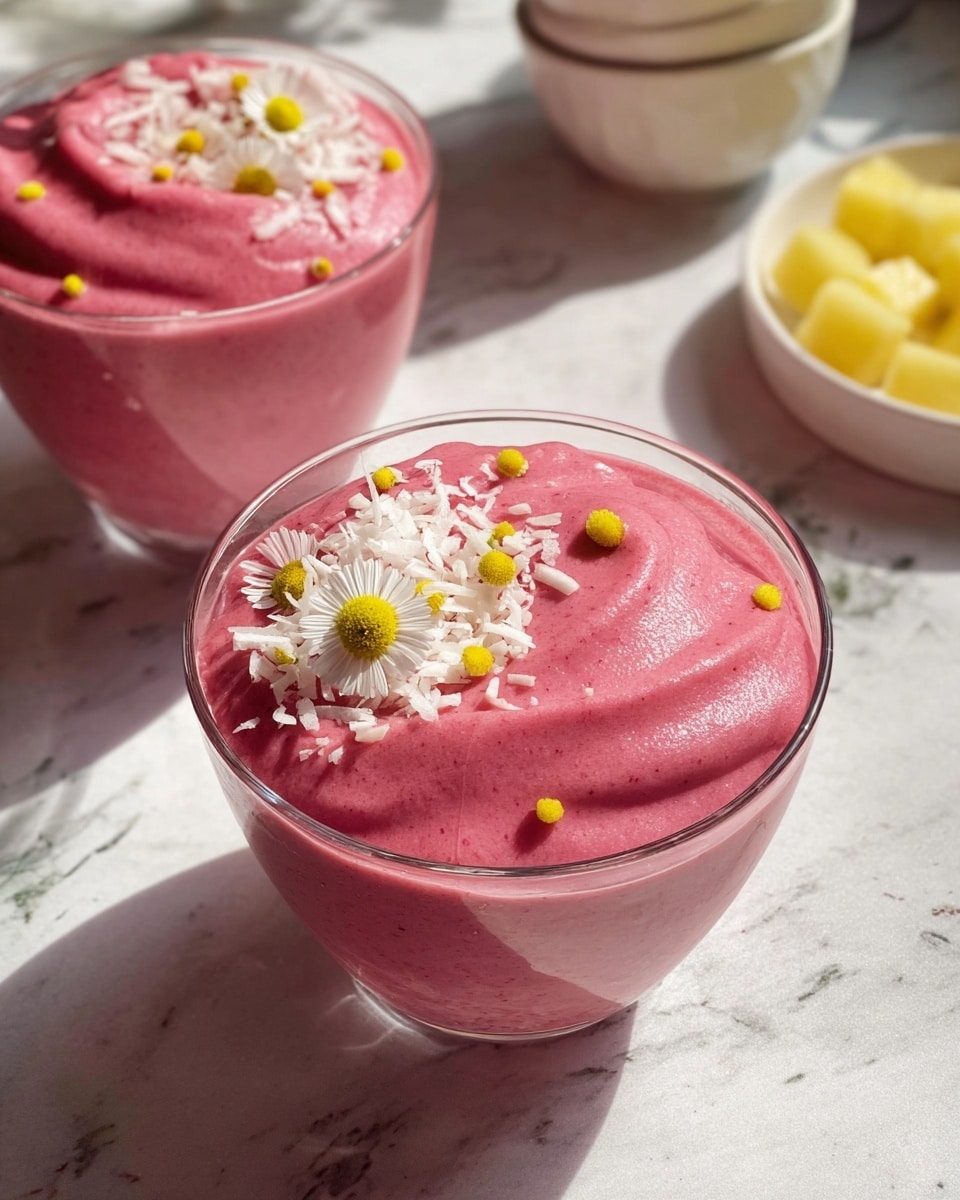 The image shows two clear glass cups filled with a thick, smooth bright pink mousse-like dessert. The dessert is topped with small white shredded flakes and tiny yellow round seeds, with a few small white and yellow daisy-like flowers scattered gently on top. The mousse is slightly swirled on the surface, creating soft peaks. The glasses sit on a white marbled surface that reflects natural sunlight, casting soft shadows around them. In the background, there is a small white dish with yellow chunks and a white bowl stacked inside a white cup, slightly out of focus. photo taken with an iphone --ar 4:5 --v 7