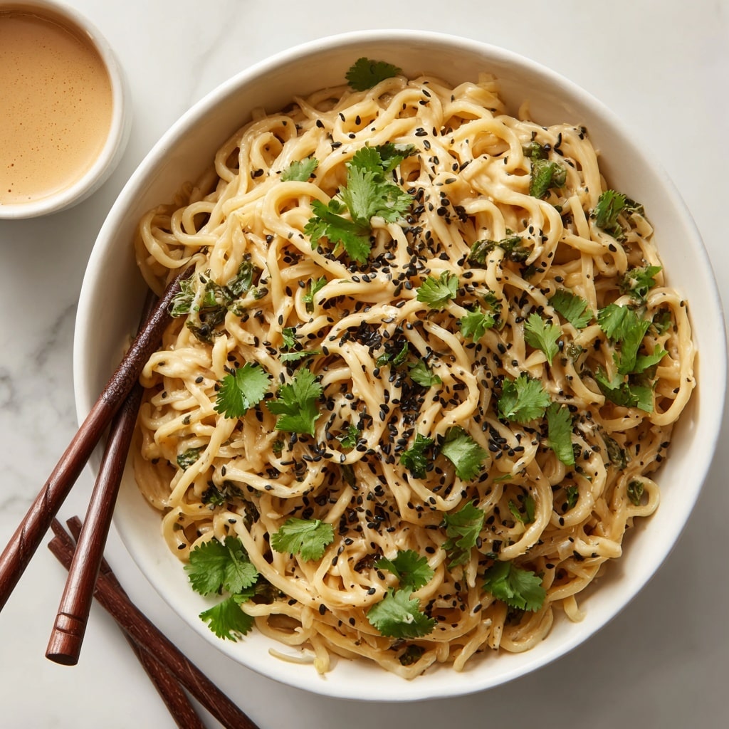 A close-up view showing a silver bowl with cooked plain spaghetti noodles forming the bottom layer. On top of the noodles, there are chopped green onions scattered, adding a fresh green color and texture. A creamy yellow sauce with visible bits of herbs and spices is being poured from the side of the bowl, covering part of the noodles and green onions. The sauce is thick and smooth, flowing slowly. The photo is taken on a white marbled surface. photo taken with an iphone --ar 4:5 --v 7