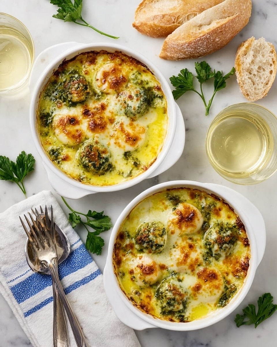 Two white round baking dishes each hold a baked dish with six green pesto-covered scallops topped with a golden, slightly browned melted cheese layer. The scallops are arranged evenly in the dishes, surrounded by a creamy yellow sauce. The dishes sit on a white marbled surface with fresh green parsley sprigs nearby. Next to the dishes are two pieces of crusty light brown bread and two clear glasses filled with a pale yellow drink. A folded white and blue striped cloth and two silver forks lie beside the dishes. Photo taken with an iphone --ar 4:5 --v 7
