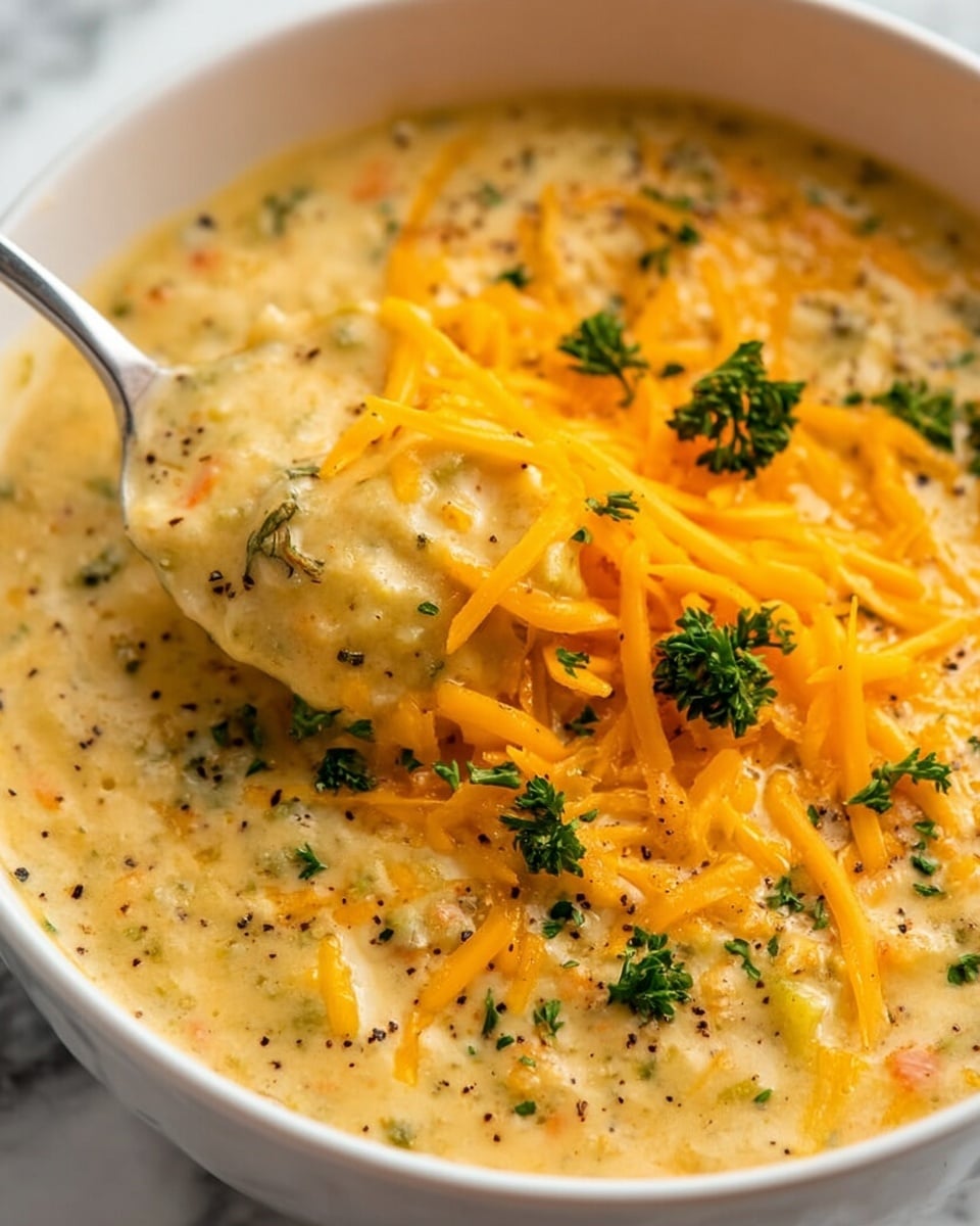 A close-up of a creamy, thick soup in a white bowl, showing a rich, pale yellow base mixed with small pieces of vegetables and herbs creating a speckled texture throughout. The soup is topped with a generous layer of shredded bright orange cheddar cheese and fresh green parsley sprinkled on top. A metal spoon is partially dipped into the soup, scooping up a thick portion, with the melted cheese resting on the spoon. The background is a white marbled texture. photo taken with an iphone --ar 4:5 --v 7