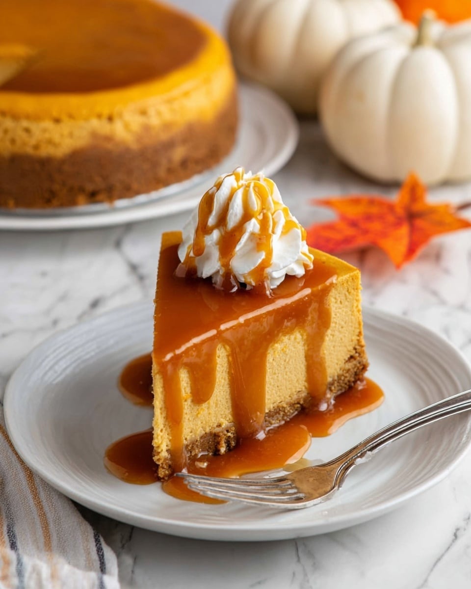 A slice of smooth, light brown pumpkin pie with a slightly darker, firm crust on the bottom and sides is being lifted by a silver pie server. The pie slice has a thick layer of creamy pumpkin filling topped with a swirl of white whipped cream on the pointed edge. The rest of the pie, with identical whipped cream swirls evenly spaced around the edge, sits on a clear glass pie plate beneath it. The scene is set on a white marbled surface with blurred orange pumpkins in the background. Photo taken with an iphone --ar 4:5 --v 7