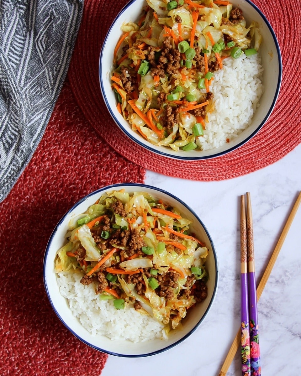 Two white bowls with blue rims are shown from above on a white marbled surface. Each bowl has two main layers: one side is filled with plain white rice, and the other is topped with a colorful stir-fry mix of chopped cabbage, carrot strips, green onion slices, and browned ground meat. The stir-fry has a mix of light green, orange, and brown colors with a slight glossy texture from the sauce. A pair of wooden chopsticks with purple and floral patterns rests nearby on a red woven placemat. A grey and white striped cloth is partially visible in the corner. Photo taken with an iphone --ar 4:5 --v 7
