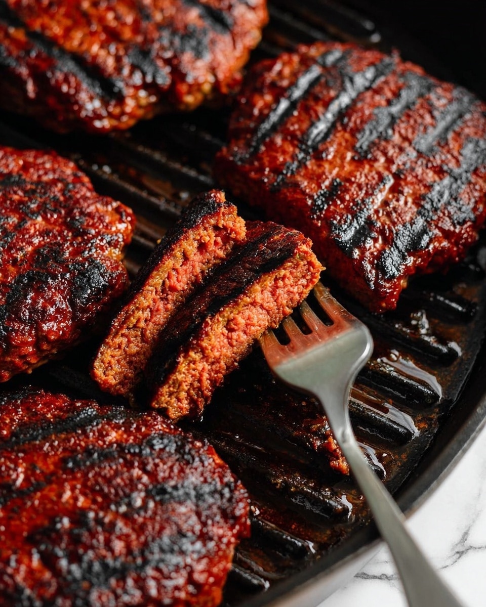 The image shows several thick, grilled patties with dark char marks on top, placed inside a black cast iron grill pan with ridges. One patty has been partially sliced to reveal a juicy, reddish-brown inside with a slightly textured surface. A silver fork is inserted into the sliced patty, holding it steady. The rich, smoky crust contrasts with the moist interior, and the grill pan surface beneath the patties is glossy with oil and grill marks. The background around the pan shows a white marbled texture. Photo taken with an iphone --ar 4:5 --v 7