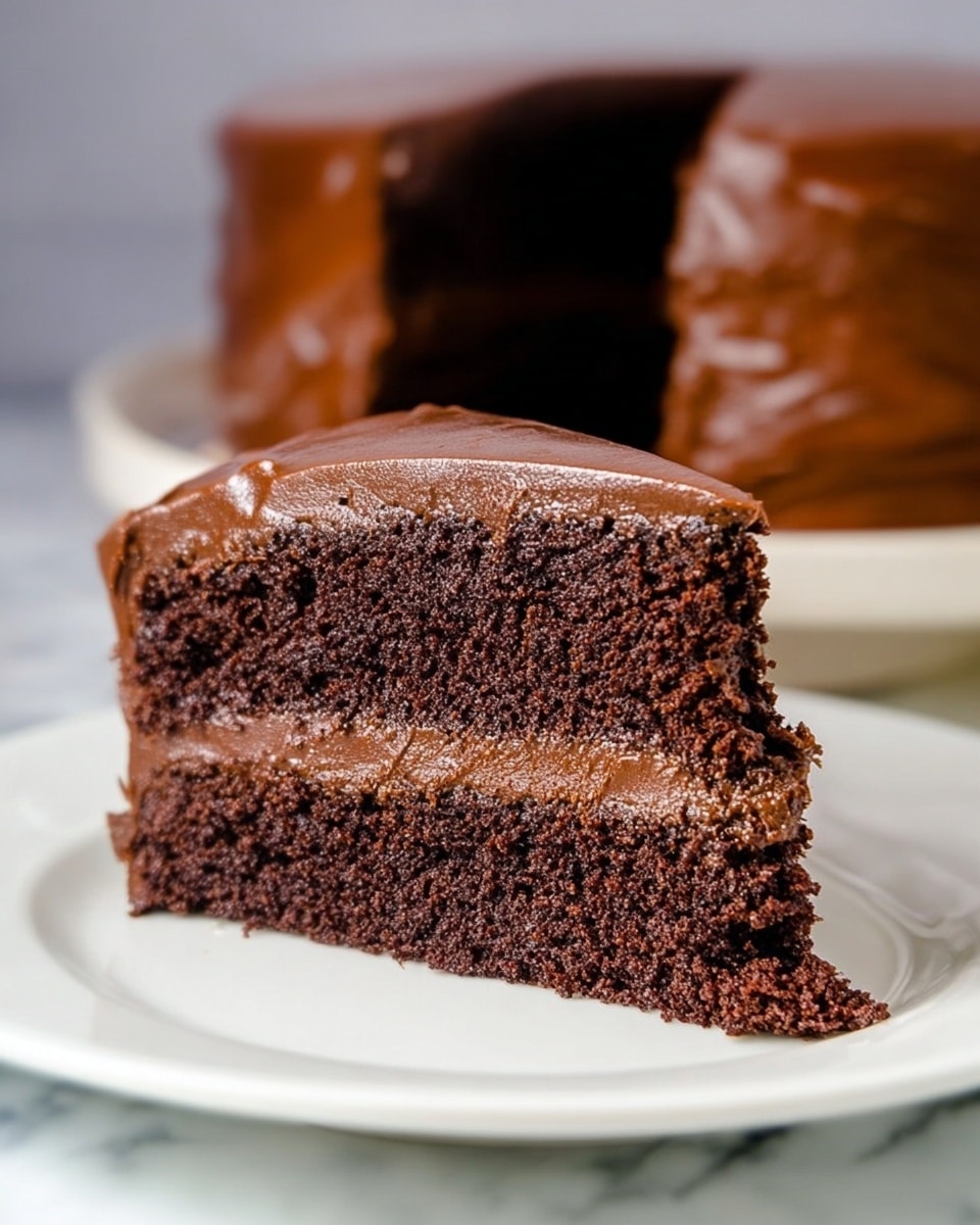 A close-up view of a three-layer chocolate cake slice on a white plate, each layer dark brown and moist, separated by smooth, thick chocolate frosting. The outside is covered evenly in rich, glossy chocolate frosting. A silver fork touches the bottom right edge of the slice, scooping up a portion of the frosting, all resting on a white marbled surface. In the blurred background, the whole cake with the same texture is on a white plate. Photo taken with an iphone --ar 4:5 --v 7