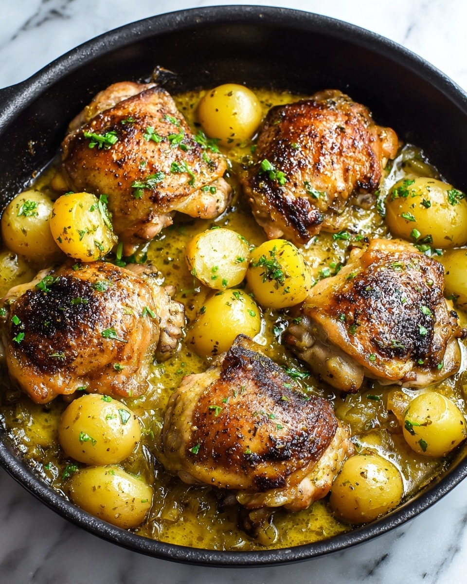 A black skillet filled with six pieces of golden-brown roasted chicken, with crispy skin on top, nestled over a bed of sliced baby potatoes that are light yellow with a soft texture. The chicken and potatoes are surrounded by a light, creamy sauce with small pieces of herbs and spices sprinkled throughout. Three bright yellow lemon wedges rest on top, adding a fresh contrast. The dish is garnished with finely chopped green parsley, scattered evenly across the chicken and potatoes. The skillet is placed on a white marbled surface with a striped cloth partially visible at the bottom, and two slices of toasted bread are on the top right side. Photo taken with an iphone --ar 4:5 --v 7