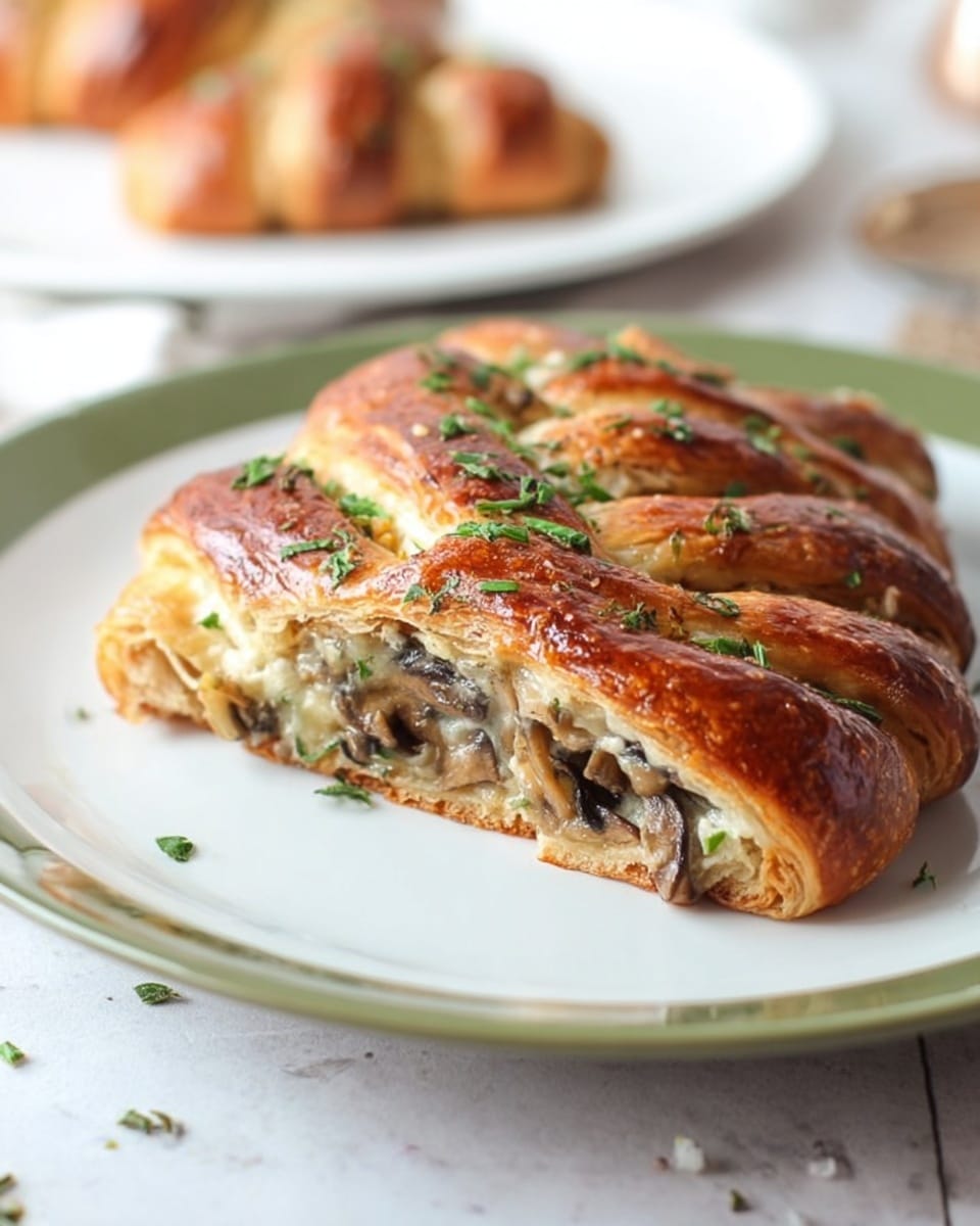 The image shows a golden-brown braided pastry on a white square plate, with shiny and crisp outer layers featuring a braided pattern on top. One slice is cut off, revealing multiple layers inside: the flaky crust outer layer, followed by a filling of sautéed mushrooms and green spinach, with a soft, cooked texture inside. To the right side of the pastry on the plate, there is a small bunch of fresh green rosemary sprigs. The whole plate is placed on a white marbled surface, with part of a wooden spoon and a white plate with a green rim visible in the background. photo taken with an iphone --ar 4:5 --v 7