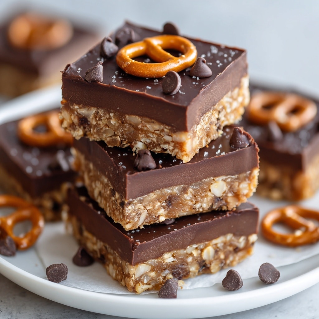 The image shows square chocolate bars with three clear layers stacked on a white plate and on white marbled paper in two different views. The bottom layer is thick and crunchy with light brown nuts and small bits, giving it a bumpy texture. The middle layer is smooth, shiny chocolate in a dark brown shade covering the crunchy base evenly. The top layer is decorated with small dark chocolate chips scattered around and a golden brown pretzel placed in the center of each square. The bars have clean, sharp edges and a glossy finish on the top chocolate layer. Photo taken with an iphone --ar 4:5 --v 7