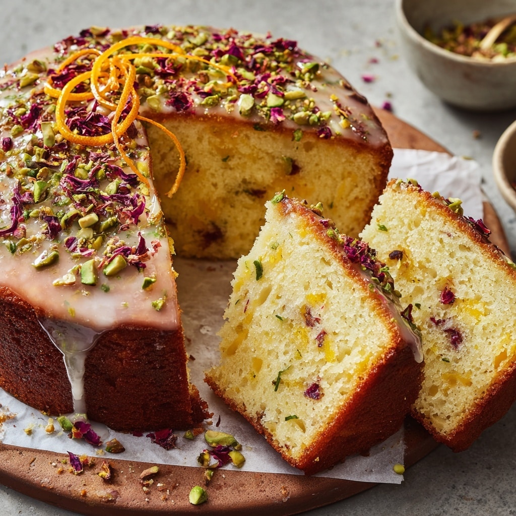 A rectangular cake with one side sliced to show its soft, light yellow crumb that has small pieces of orange zest inside. The top layer of the cake is covered with a shiny, thick orange glaze and sprinkled with chopped green pistachios and bits of purple-red nuts. Thin strips of orange peel rest curled on the glaze, adding a decorative touch. The cake sits on a white plate with a white marbled texture surface underneath, and a blurred white cup is visible in the background. photo taken with an iphone --ar 4:5 --v 7