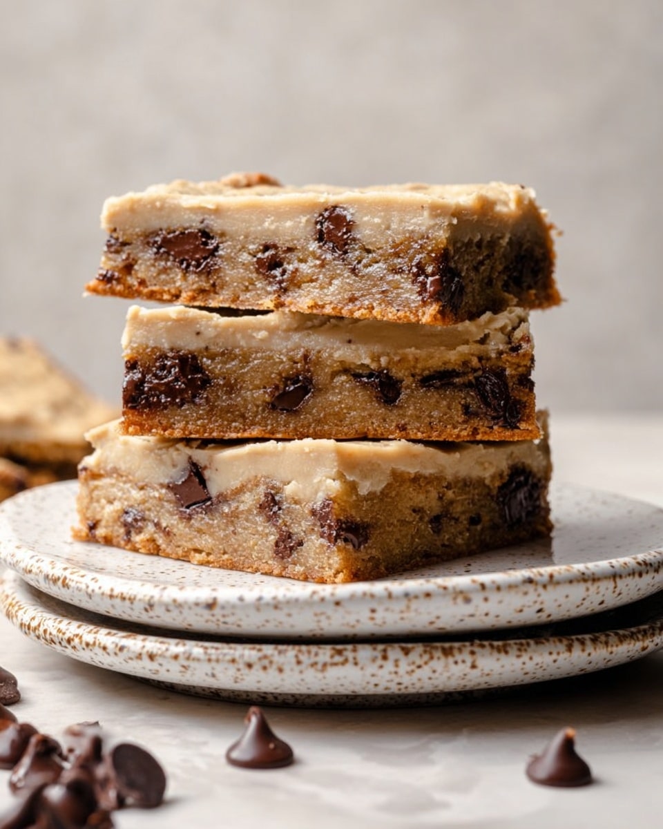 A stack of four thick chocolate chip cookie bars with a creamy, light beige frosting layer on top, each bar showing rich brown cookie texture studded with large chocolate chunks inside. The bars are arranged unevenly on a white speckled plate, which sits on top of two more stacked white speckled plates. Scattered chocolate chips surround the plates, all set against a white marbled texture. The lighting highlights the soft, moist texture of the bars and the smooth, slightly shiny frosting on top. photo taken with an iphone --ar 4:5 --v 7