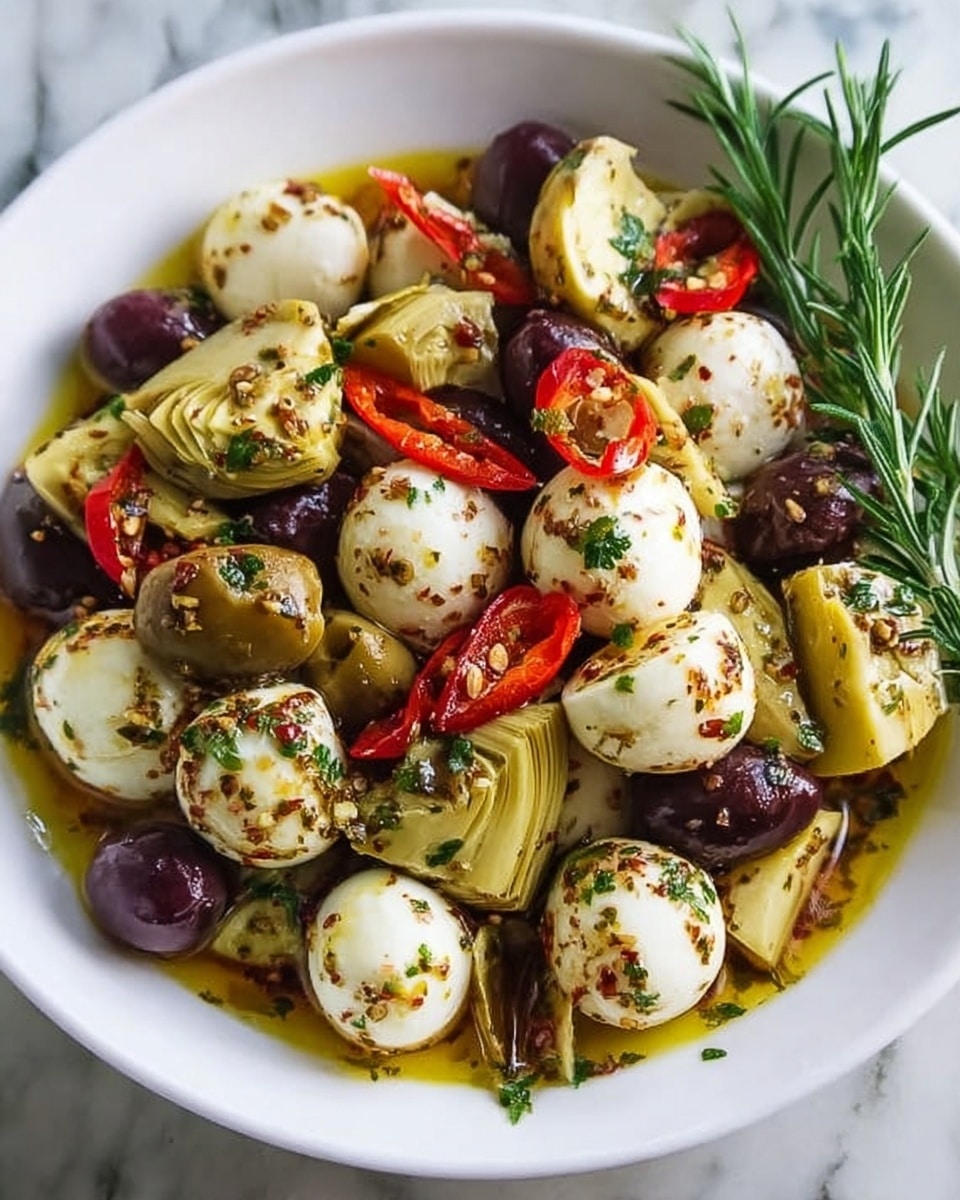 The image shows a white bowl filled with small round white mozzarella balls on top of a mix of red cherry tomatoes, green and purple olives, and light green artichoke hearts. The mozzarella balls have green herbs sprinkled on them, adding texture and color. A silver spoon holding one mozzarella ball is being lifted by a woman's hand from the right side of the bowl. The background is a white marbled surface. Photo taken with an iphone --ar 4:5 --v 7
