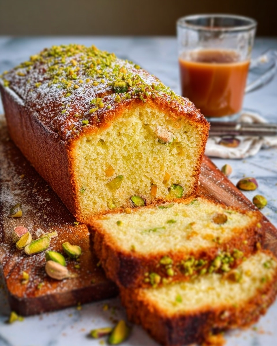 A round, thick orange cake stands on a wooden board with one wedge removed, revealing its moist yellow-orange interior speckled with small bits and slightly crumbly texture. The top layer is golden brown and covered evenly with chopped green pistachios, some spilling onto the board. A knife with a silver handle rests next to the removed slice, and a few crumbs and orange peel pieces scatter the board. In the background on a white marbled surface, a white cup and a white plate with half an orange sit near a soft beige cloth. Photo taken with an iphone --ar 4:5 --v 7