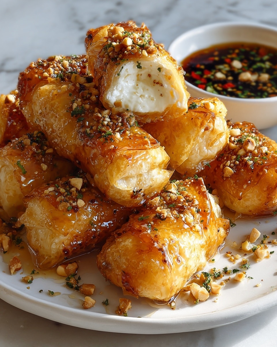 A close-up view of a white plate filled with multiple golden brown, crispy rolls arranged in a rough stack. Each roll is about two inches long with layers of flaky, lightly blistered pastry on the outside. One roll is cut open at the front center, revealing a dense, creamy white cheese filling inside. The rolls are topped with small pieces of crushed nuts and chopped green herbs, all shiny with an amber-colored glaze that looks sticky and sweet. Around the plate and on the rolls, there are bits of nuts and herbs scattered for extra texture and color. In the background, a white bowl with dark sauce containing small green and red pieces sits out of focus on a white marbled surface. The lighting is natural, highlighting the crispiness and glossy glaze. Photo taken with an iphone --ar 4:5 --v 7