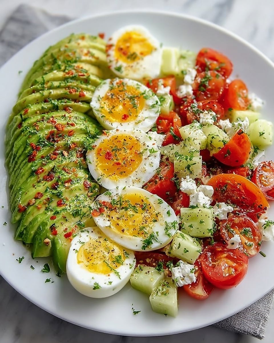 A white plate holds a colorful salad with three main layers arranged side by side: on the left, several thick slices of green avocado with a slightly creamy texture, sprinkled with red pepper flakes; in the middle, four soft-boiled egg halves with bright yellow yolks and white edges, lightly dusted with herbs and pepper; on the right, halved red cherry tomatoes mixed with small cubes of pale green cucumber and some white crumbled cheese, all garnished with chopped green herbs. The dish is presented on a white marbled surface. photo taken with an iphone --ar 4:5 --v 7