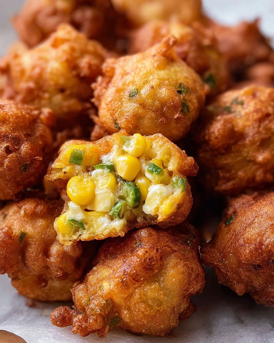The image shows a close-up of many golden-brown corn fritters with a crispy, rough outside layer. One fritter is broken open at the center and placed on top of the others, revealing a soft inside layer filled with bright yellow corn kernels and pieces of green pepper. The outside is uneven and crunchy with small bumps and spots, while the inside looks soft and moist with a mix of white batter and colorful vegetable bits. The fritters sit on a white marbled surface. photo taken with an iphone --ar 4:5 --v 7