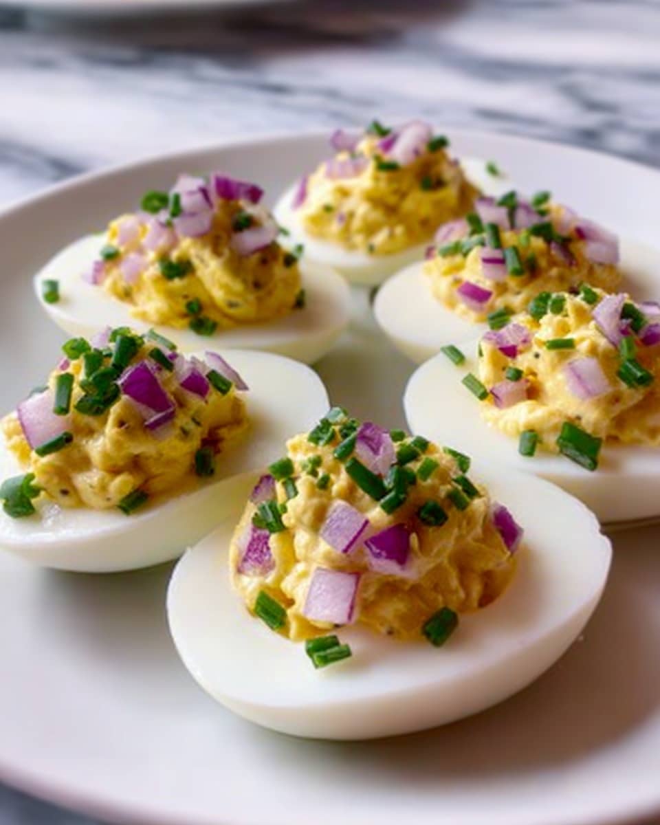 A white rectangular plate holds six deviled eggs, each cut in half to show smooth white egg whites as the base layer. On top of each white egg half is a thick, creamy yellow filling with visible small green herb bits mixed inside. The filling is shaped in a dome, slightly spilling over the edges. On top of the yellow filling are small pieces of chopped, bright pinkish-purple red onion and green chopped chives, adding pops of color. The plate is set on a white marbled surface with soft focus background. photo taken with an iphone --ar 4:5 --v 7