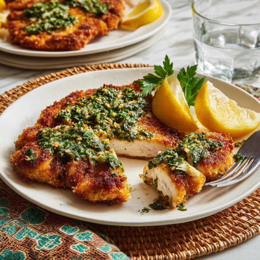 A white plate holds four golden-brown breaded fish fillets layered side by side, each covered with green parsley and garlic sauce on top, giving a fresh, textured look. Bright yellow lemon wedges are placed around the fillets, adding a pop of color and freshness. The background shows blurred lemons, garlic, and green herbs, all set on a white marbled textured surface. The scene is well-lit and appetizing, showing close details of the crispy coating and moist sauce. photo taken with an iphone --ar 4:5 --v 7