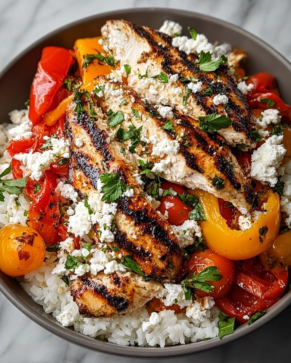 This dish shows a white bowl filled with a base layer of fluffy white rice. On top, there are bright roasted red and yellow bell pepper slices and cherry tomatoes, scattered all around. Sitting on these colorful veggies are three grilled chicken breasts with clear dark grill marks, showing a slightly charred texture. Crumbled white cheese is sprinkled over the chicken and vegetables, with fresh green parsley leaves adding a touch of brightness all over. The whole bowl sits on a white marbled surface. Photo taken with an iphone --ar 4:5 --v 7