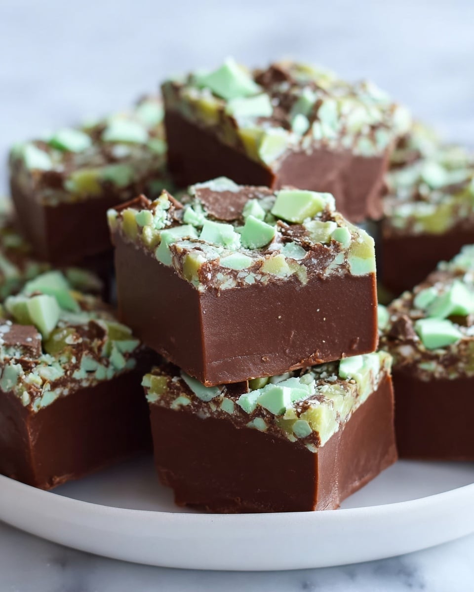 A stack of square chocolate mint fudge pieces fills a white plate, each piece showing two thick layers: a smooth, dense dark brown chocolate base and a thinner top layer embedded with chunky mint green and off-white almond bits mixed with small shards of chocolate sprinkled on top; the close-up view highlights the shiny texture of the chocolate and the contrast between the soft fudge and the crunchy toppings, all set against a white marbled surface. photo taken with an iphone --ar 4:5 --v 7
