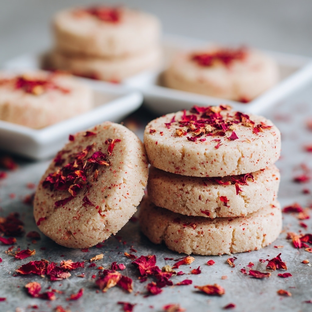 The image shows round cookie-like treats with a light beige color placed on a dark surface, replaced by a white marbled texture. Each cookie has a sprinkling of red dried flower petals on top. Two cookies are stacked close in the front center, with more single cookies shown on two white square plates in the background, each also topped with red petals. Scattered red petals lie around the cookies on the surface, adding a textured look. The scene is close-up and bright, showing soft edges and a natural feel. photo taken with an iphone --ar 4:5 --v 7
