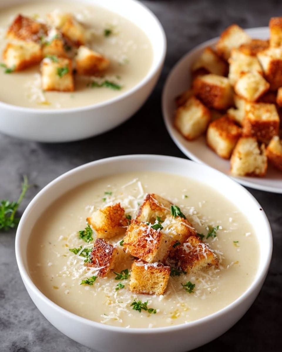 A white bowl filled with a smooth, creamy light beige soup forms the base layer, topped with uneven golden-brown toasted croutons scattered in the center. The croutons have a crispy texture with slightly darker edges. Small green herb leaves sprinkled lightly all over add a fresh touch, some resting on the soup around the croutons and some on the croutons themselves. In the background, fresh green herb sprigs lay next to the bowl on a white marbled texture. photo taken with an iphone --ar 4:5 --v 7