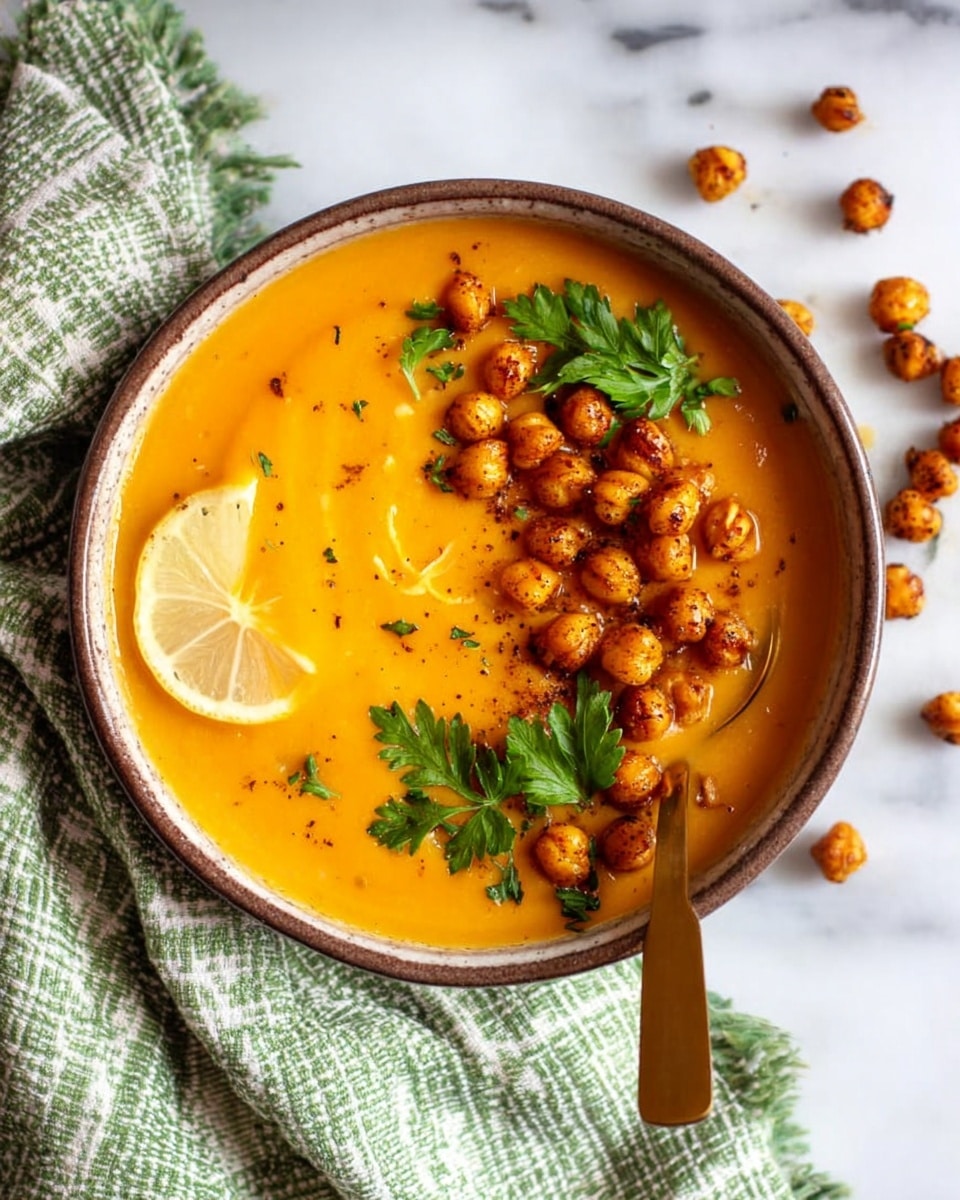 A bowl filled with smooth, bright orange soup, topped with roasted chickpeas that are golden brown and slightly crispy, and fresh green parsley leaves arranged on one side near a small wedge of lemon for a pop of light yellow and white. A golden spoon rests inside the bowl, partially immersed in the soup. The bowl sits on a white marbled surface, with a green and white checkered cloth casually draped near it, and a few roasted chickpeas scattered around. Photo taken with an iphone --ar 4:5 --v 7