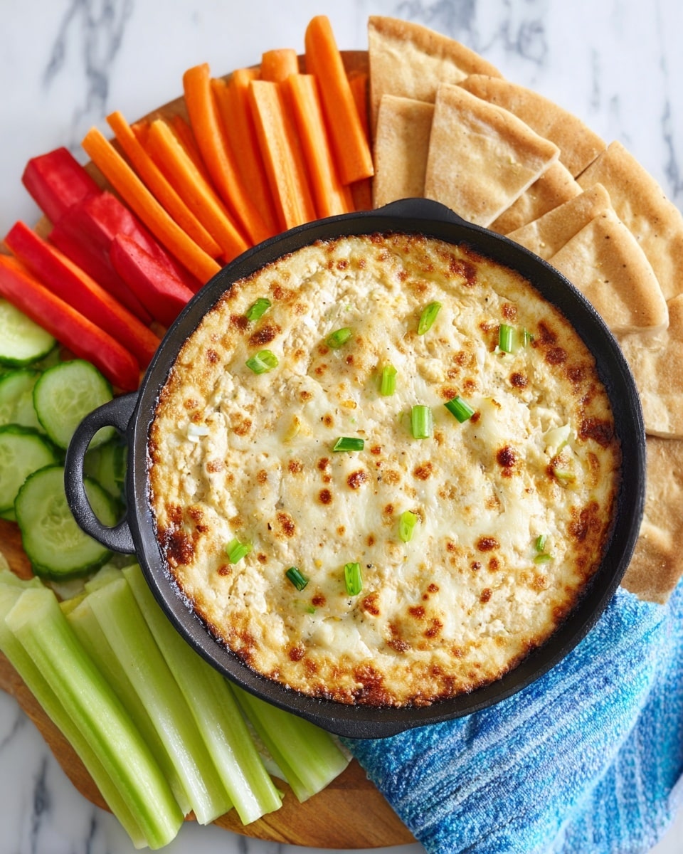 A round baked dip with a golden, slightly browned top and small green onion pieces scattered on the surface is served in a black skillet. Around the skillet, there are three layers of crisp pita bread triangles leaning against the skillet, vibrant orange and red bell pepper sticks, fresh pale green celery sticks, and a row of thin cucumber slices with dark green skin, all placed on a white marbled surface. A blue and white striped cloth is partially visible under the board holding the skillet and veggies. photo taken with an iphone --ar 4:5 --v 7