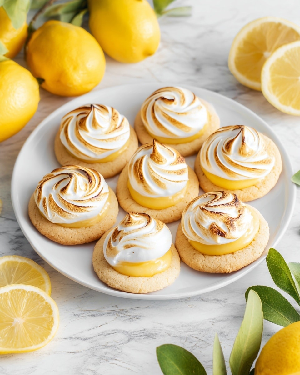 The image shows soft, round cookies with a light golden brown color as the base layer, each topped with a glossy, bright yellow lemon curd filling in the center. On top of the lemon curd is a thick, fluffy layer of white toasted meringue with brown, slightly charred peaks. One cookie in the middle has a bite taken out, revealing the smooth lemon curd and fluffy meringue inside. Around the cookies are fresh lemon slices with a pale yellow color and slightly translucent texture. Everything is set on a white marbled surface. photo taken with an iphone --ar 4:5 --v 7