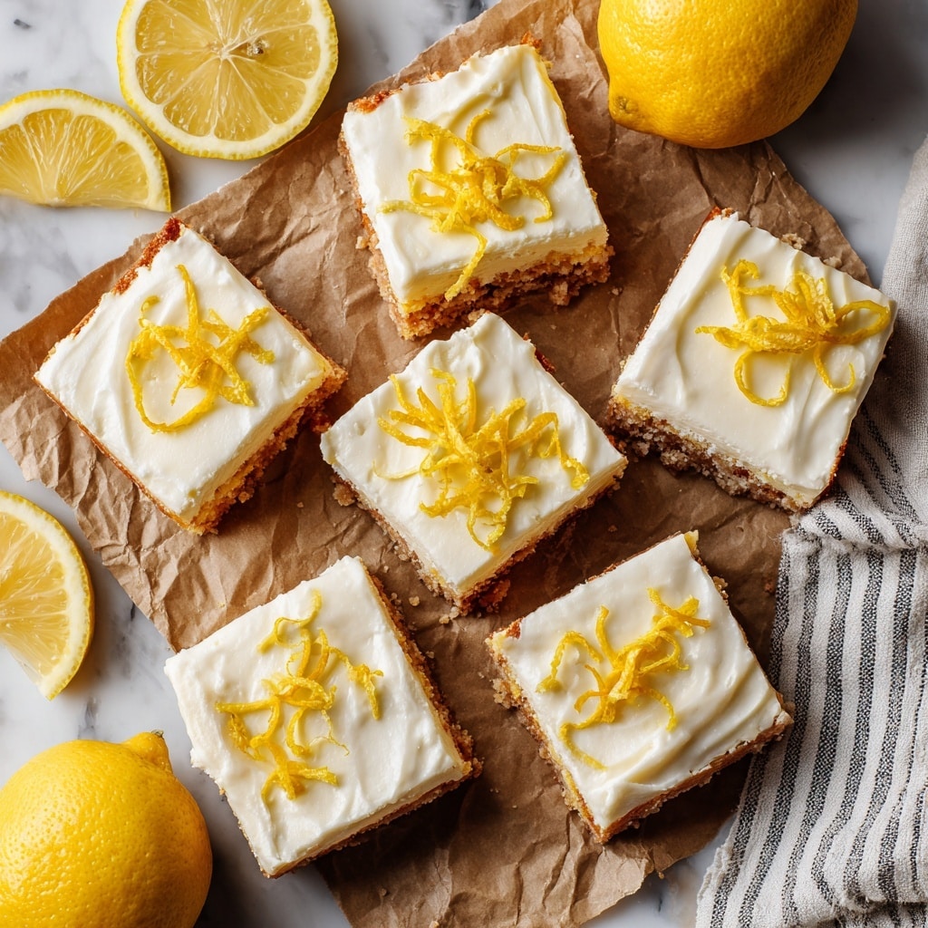 A set of lemon bars cut into small squares and rectangles are arranged on crumpled brown parchment paper. Each bar has two layers: a light golden brown base layer with a crumbly texture and a thick, smooth white cream frosting on top. Thin lemon slices and curly lemon zest pieces in bright yellow rest on the frosting, adding fresh color contrast. Around the parchment paper are whole and sliced lemons placed casually. The background is a white marbled texture with a light gray and white striped cloth partially visible on the side. One bar is flipped on its side, showing the thickness of each layer clearly. photo taken with an iphone --ar 4:5 --v 7