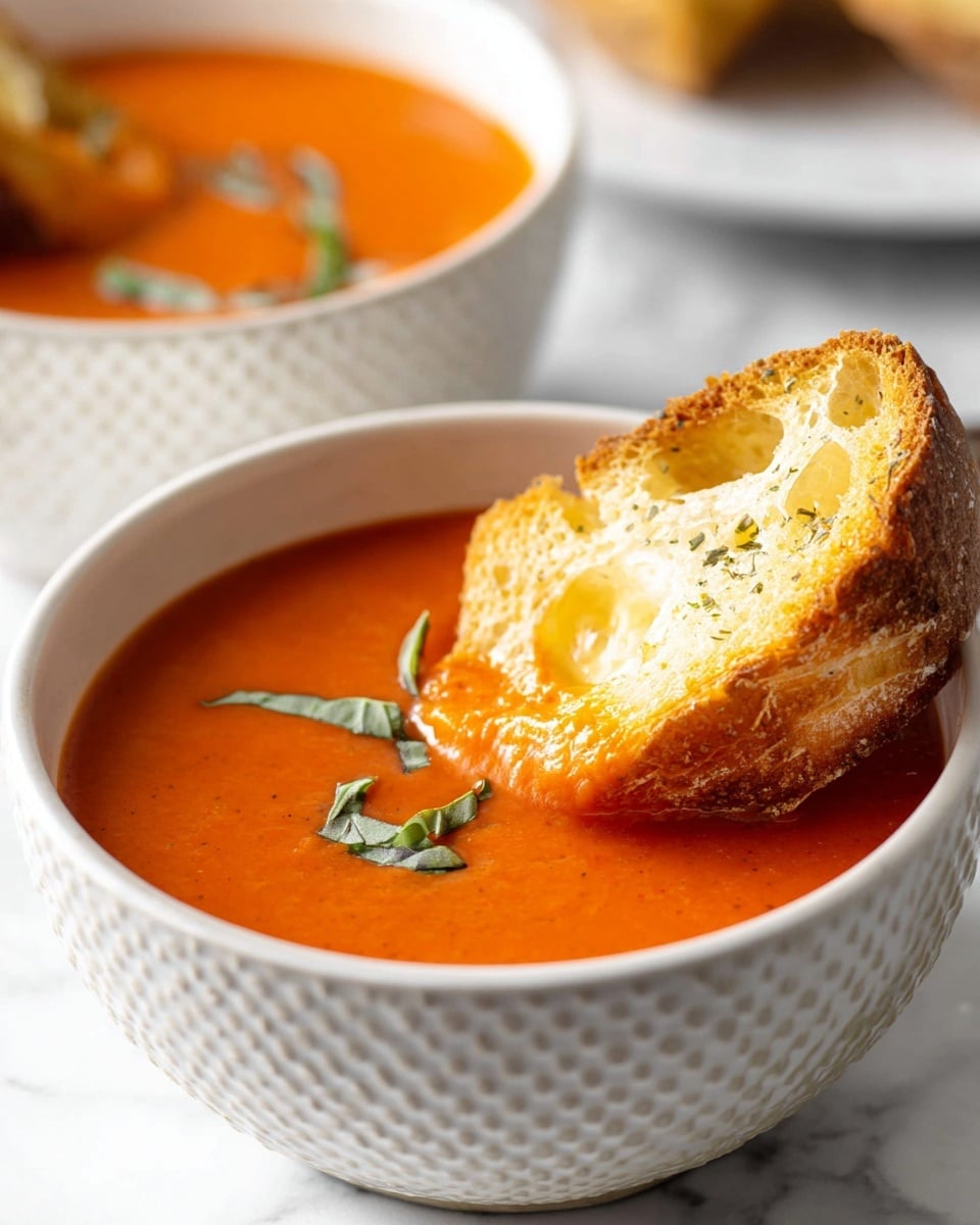 A white bowl with a textured pattern is filled with smooth, bright orange tomato soup. A piece of golden brown crusty bread is partly dipped into the soup from the top right, showing a soft, airy inside with some melted soup on it. On top of the soup, thin green basil leaf strips float near the bread. The bowl sits on a white marbled surface with a blurred white bowl of the same soup in the background. photo taken with an iphone --ar 4:5 --v 7