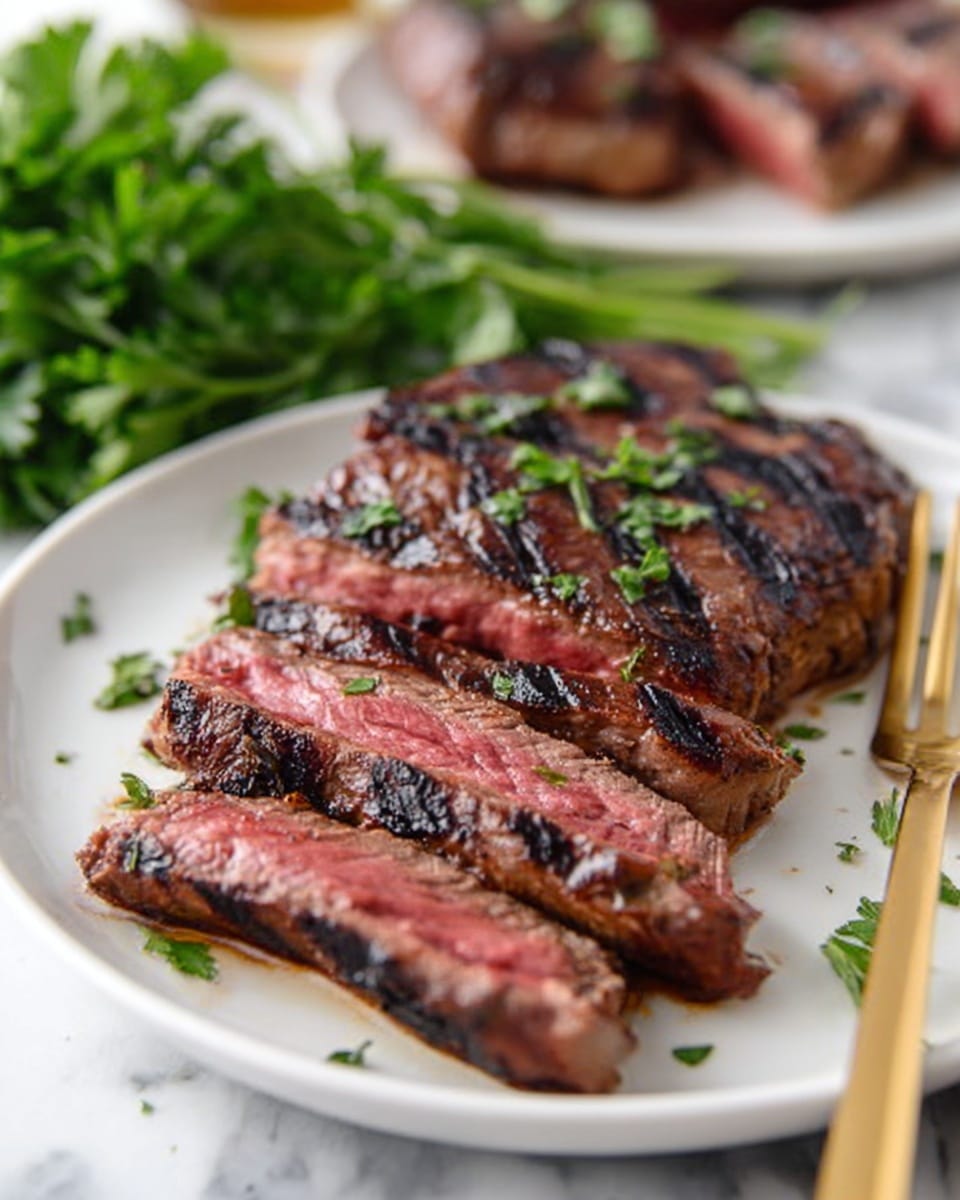 A white plate on a white marbled surface holds a grilled steak that is sliced into four pieces, showing a pink, juicy center. The steak has dark grill marks across the top, with some green herbs sprinkled on top and around the plate. In the background, a bunch of fresh green parsley and another plate with more steak slices are seen blurred. A golden fork is partially visible on the right side of the plate. photo taken with an iphone --ar 4:5 --v 7