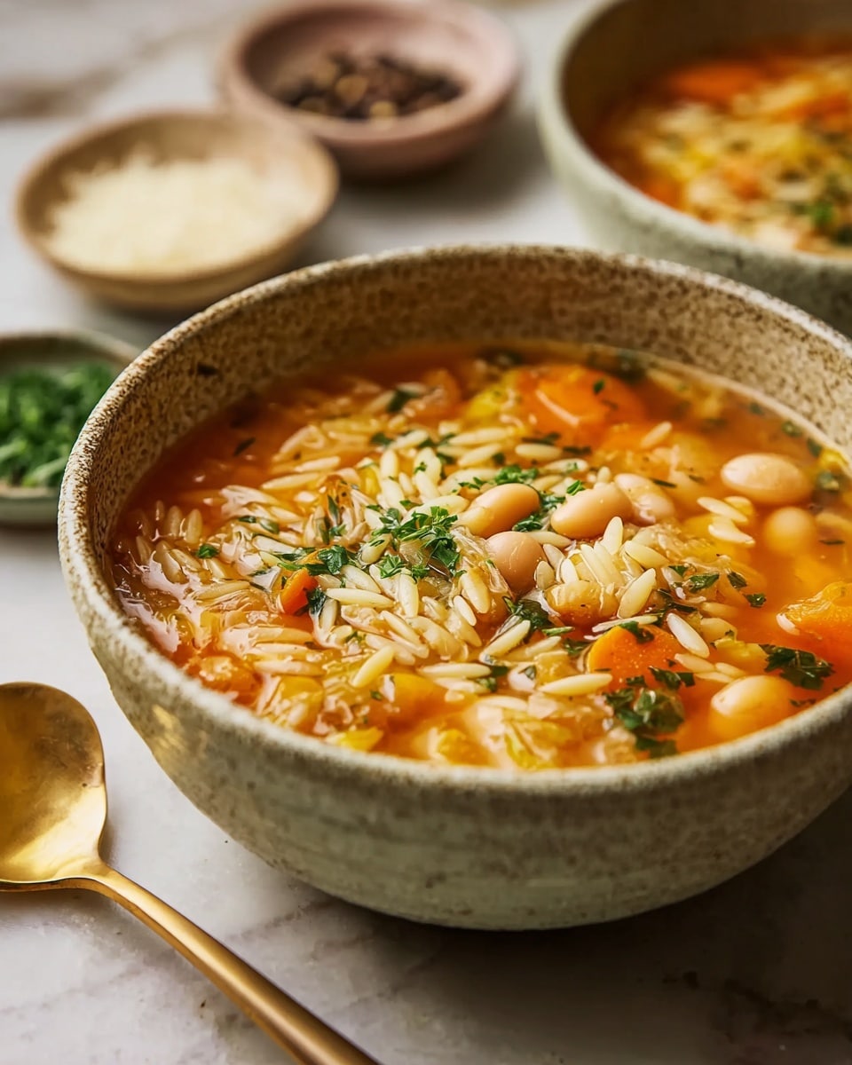 A rustic bowl filled with a warm, orange broth soup contains visible layers including small white beans at the bottom, sliced orange carrots, and rice-like orzo pasta on top, all sprinkled with chopped green herbs for garnish. The bowl is earthy with a speckled texture. The setting shows a golden spoon nearby and small bowls in the background with light grated cheese and peppercorns, all placed on a white marbled surface. photo taken with an iphone --ar 4:5 --v 7