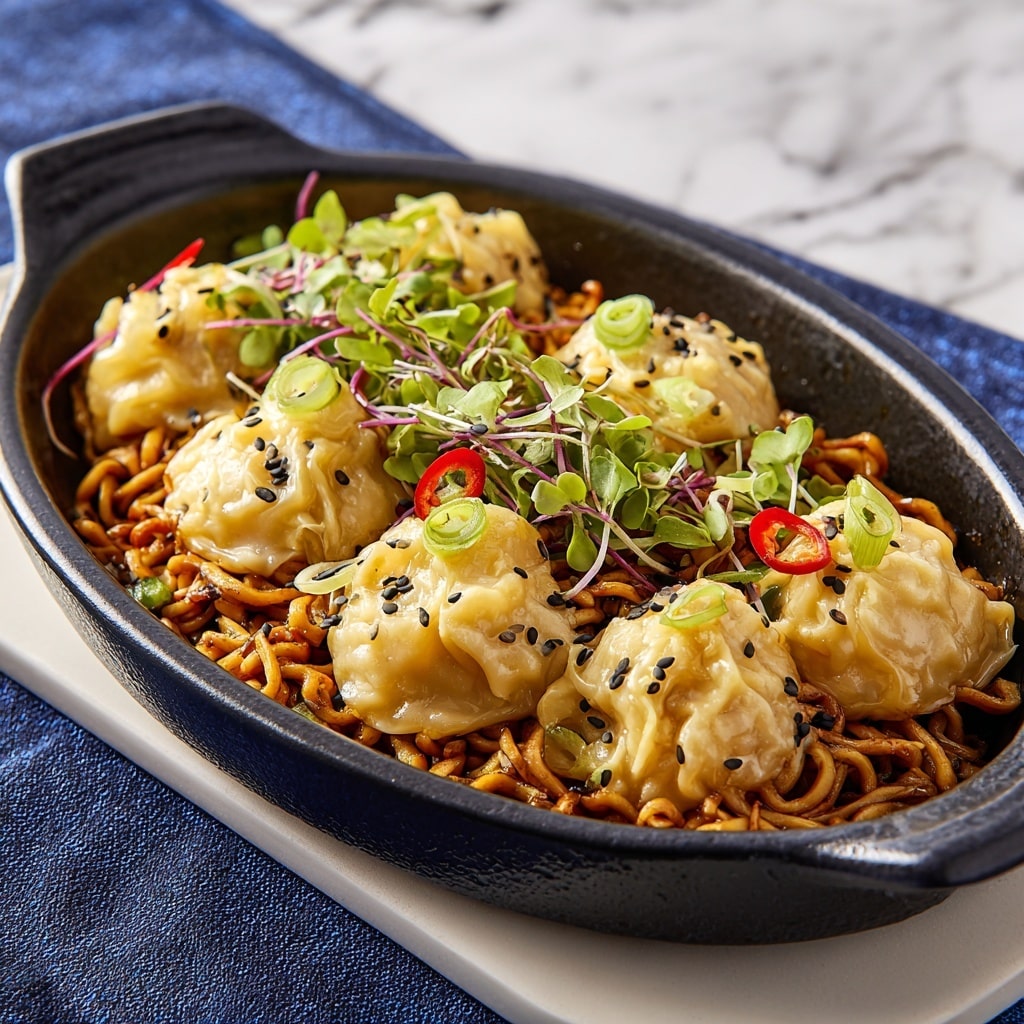 A dark bowl filled with about two layers of yellow dumplings coated in an orange-red sauce, sprinkled with black and white sesame seeds and small black specks of seasoning. Scattered on top are thin slices of red chili, pieces of green and purple leafy herbs with a fresh and slightly glossy look. The dumplings have a shiny, moist texture with visible folds and edges, and the dish sits on a white marbled texture surface. Photo taken with an iphone --ar 4:5 --v 7
