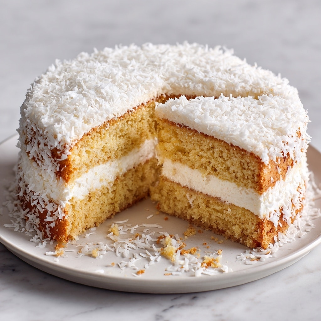 The image shows a round, dome-shaped cake on a white plate, placed on a white marbled surface. The cake has two layers of light golden sponge cake, with a thick, smooth white cream layer in the middle. The outside of the cake is fully covered with a generous coating of white shredded coconut, giving it a textured and fluffy look. The cake is cut to show the inner layers clearly, with some coconut flakes scattered on the plate. Photo taken with an iphone --ar 4:5 --v 7