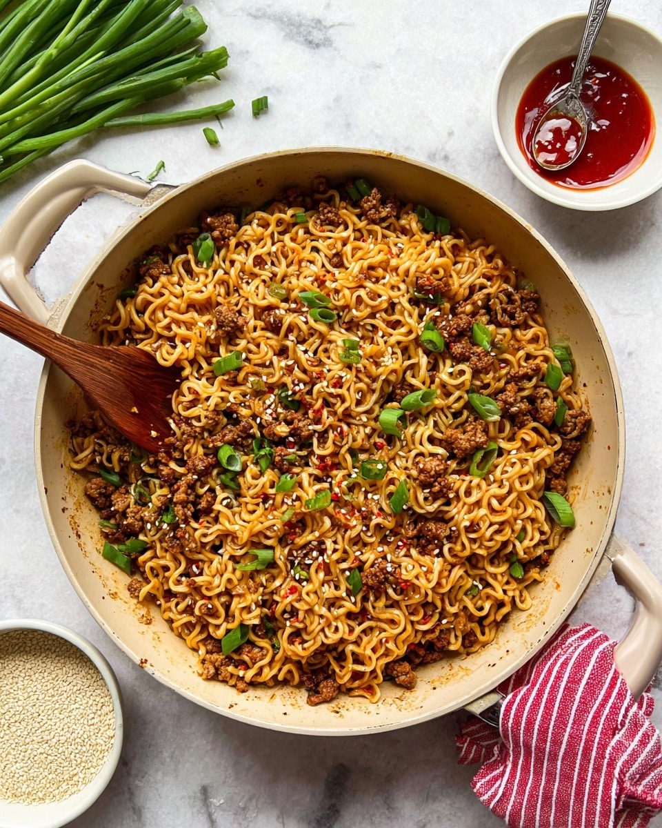 A large beige pan filled with cooked curly brown noodles mixed with small browned meat pieces and scattered green onion slices, sprinkled with white sesame seeds and red pepper flakes; a wooden spoon rests inside the pan on the left side. On the top left, a bunch of fresh green onions lay on a white marbled surface. To the right of the pan, a small white bowl with a silver spoon holds a red chili sauce, and at the bottom left, a small white bowl contains white sesame seeds. A red and white striped cloth is partially visible under the pan handle on the right side. photo taken with an iphone --ar 4:5 --v 7
